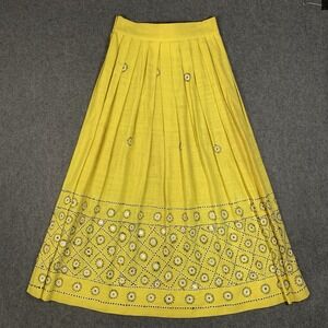 Vintage Skirt Womens Small Maxi Linen Circle Flowy Yellow Embroidered 50s Unique